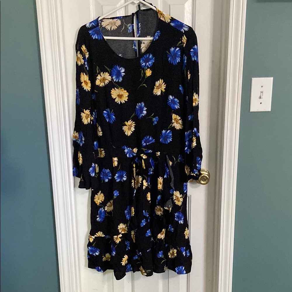 Floral Black Dress with Blue and Yellow Accents